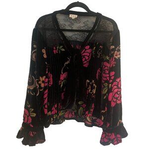 POL Button Blouse Women M Velvet Burnout Floral Ruffle Pleats Lace Feminine Top